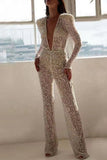 Lutaotie Sexy Solid See-through Sequined V Neck Regular Jumpsuits