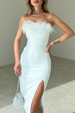 Lutaotie Solid Feathers Slit Strapless Wrapped Skirt Dresses