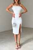 Lutaotie Solid Feathers Slit Strapless Wrapped Skirt Dresses