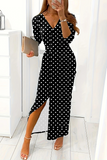 Lutaotie Elegant Print Slit Contrast V Neck Long Sleeve Dresses