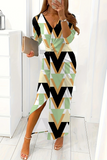 Lutaotie Elegant Print Slit Contrast V Neck Long Sleeve Dresses