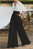 Lutaotie British Style Elegant Color Block Pocket Contrast V Neck Loose Jumpsuits