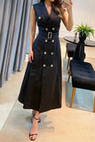 Lutaotie Work Elegant Solid Buttons With Belt V Neck Sleeveless Dress Dresses