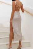 Lutaotie Sexy Solid Sequins Slit Square Collar One Step Skirt Dresses