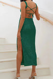 Lutaotie Sexy Solid Sequins Slit Square Collar One Step Skirt Dresses