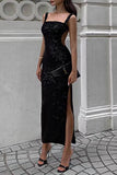 Lutaotie Sexy Solid Sequins Slit Square Collar One Step Skirt Dresses