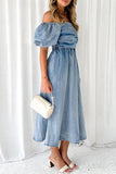 Lutaotie Elegant Solid Fold Off the Shoulder Short Sleeve Denim Dresses