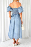 Lutaotie Elegant Solid Fold Off the Shoulder Short Sleeve Denim Dresses