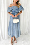 Lutaotie Elegant Solid Fold Off the Shoulder Short Sleeve Denim Dresses