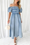 Lutaotie Elegant Solid Fold Off the Shoulder Short Sleeve Denim Dresses