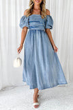 Lutaotie Elegant Solid Fold Off the Shoulder Short Sleeve Denim Dresses