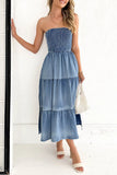 Lutaotie Gradual Change Pocket Slit Strapless Sleeveless Denim Dresses