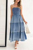 Lutaotie Gradual Change Pocket Slit Strapless Sleeveless Denim Dresses