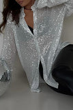 Lutaotie Sexy Solid See-through Sequined Turndown Collar Tops