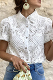 Lutaotie Casual Solid Lace Hollowed Out Turndown Collar Tops