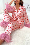 Lutaotie Heart Lapel Fuzzy Long Sleeve Long Pants Loungewear