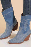 Lutaotie Rhinestone Mid-Calf Pointed Toe Western Cowboy Boots