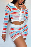 Lutaotie Contrast Striped Lapel Knitted Shorts Two Piece Set