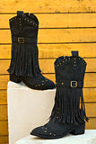 Lutaotie Pointed Toe Studded Fringed Mid-Calf Boots