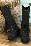 Lutaotie Pointed Toe Studded Fringed Mid-Calf Boots