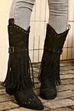 Lutaotie Pointed Toe Studded Fringed Mid-Calf Boots