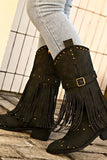 Lutaotie Pointed Toe Studded Fringed Mid-Calf Boots