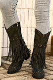 Lutaotie Pointed Toe Studded Fringed Mid-Calf Boots