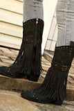 Lutaotie Pointed Toe Studded Fringed Mid-Calf Boots