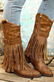 Lutaotie Pointed Toe Studded Fringed Mid-Calf Boots