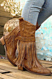 Lutaotie Pointed Toe Studded Fringed Mid-Calf Boots