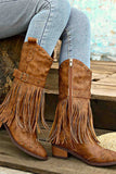 Lutaotie Pointed Toe Studded Fringed Mid-Calf Boots