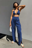 Lutaotie Blue Hoodie Halter Vest Three-Piece Pants Set