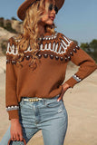 Lutaotie Brown Geometric Patterns Crew Neck Sweater