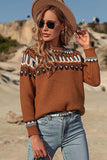 Lutaotie Brown Geometric Patterns Crew Neck Sweater