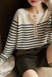 Lutaotie Crew Neck Button-Front Striped Sweater