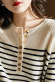 Lutaotie Crew Neck Button-Front Striped Sweater