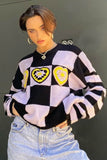 Lutaotie Crew Neck Checker Crochet Sweater