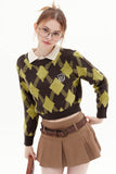 Lutaotie Crew Neck Plaid Patchwork Sweater