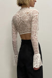 Lutaotie Flare Sleeve Crochet Crop Top