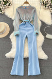 Lutaotie Fuzzy Sleeves Glitter Patchwork Jumpsuits