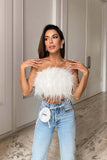 Lutaotie Solid Fuzzy Strapless Crop Top