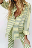 Lutaotie Green Striped Long Sleeve Shirts