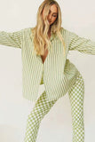 Lutaotie Green Striped Long Sleeve Shirts