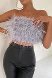 Lutaotie Solid Fuzzy Strapless Crop Top