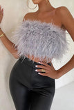 Lutaotie Solid Fuzzy Strapless Crop Top