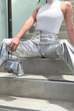 Lutaotie High Waist Reflective PU Leather Pants