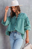 Lutaotie Lantern Sleeve Nail Bead Ruffled Denim Tops