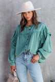 Lutaotie Lantern Sleeve Nail Bead Ruffled Denim Tops