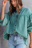 Lutaotie Lantern Sleeve Nail Bead Ruffled Denim Tops