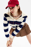 Lutaotie Lapel Striped Patchwork Knitted Sweater